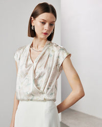 V-Neck Silk Printed Sleeveless Shirt