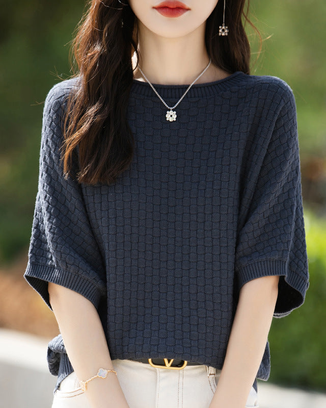 Stylish Plus-Size Mid-Sleeve Knitted Sweater