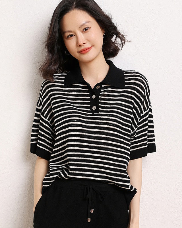 Casual Short-Sleeve Striped Wool Sweater