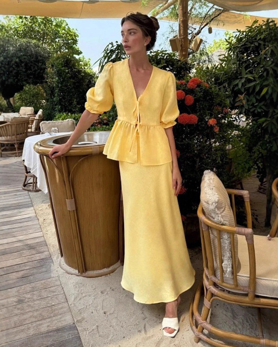V-Neck Ruffled Short-Sleeved Skirt Set