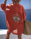 Front view of a women's long sleeve lapel shirt made from a breathable cotton and linen blend, featuring a casual versatile design for Spring and Summer  fashion.