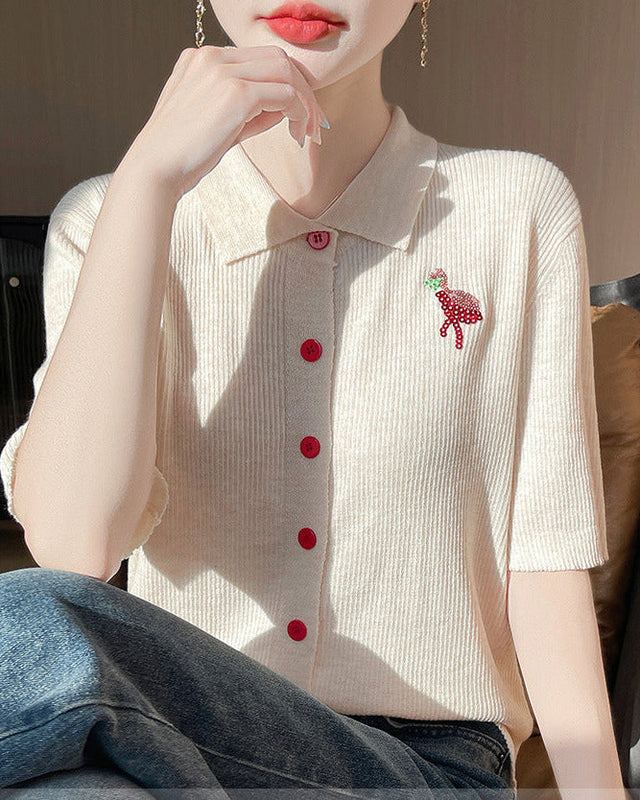 New Wool Polo Collar Short-Sleeved Cardigan