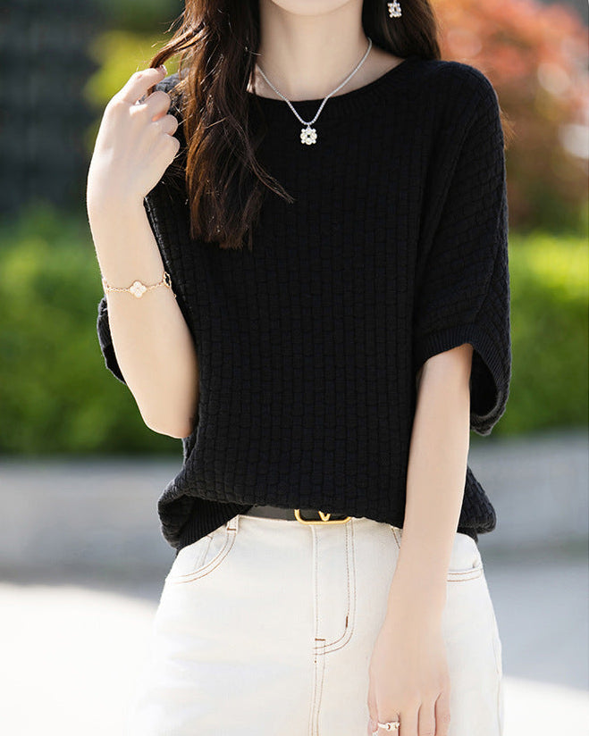 Stylish Plus-Size Mid-Sleeve Knitted Sweater