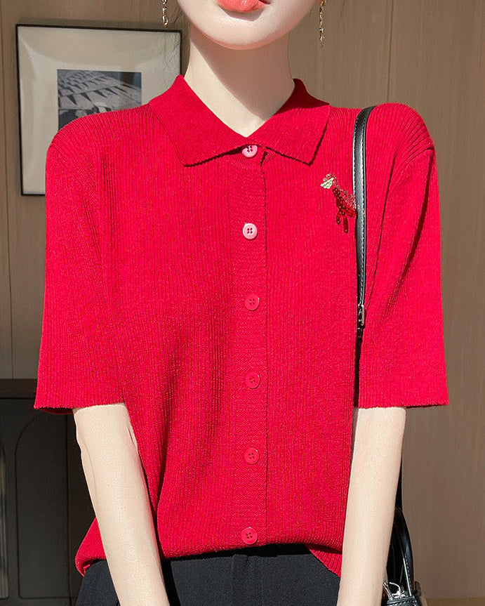 New Wool Polo Collar Short-Sleeved Cardigan