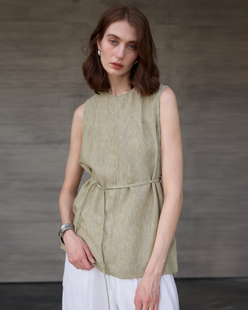 Mid-Length Crew Neck Linen Vest