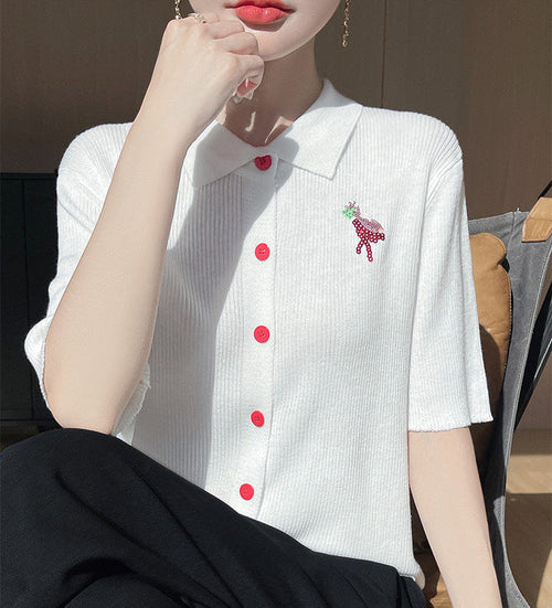 New Wool Polo Collar Short-Sleeved Cardigan