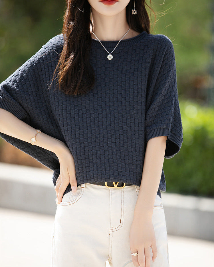 Stylish Plus-Size Mid-Sleeve Knitted Sweater