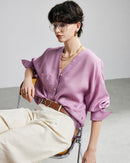 Loose-Fit Long-Sleeve V-Neck Linen Shirt