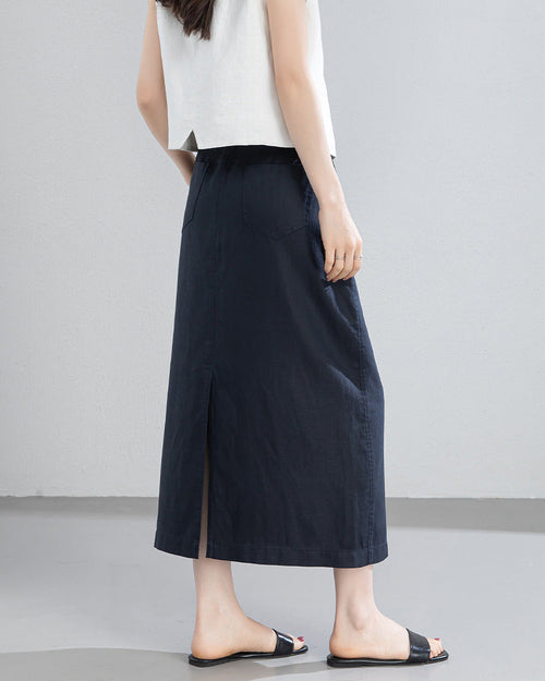 Retro Linen-Blend Straight Skirt