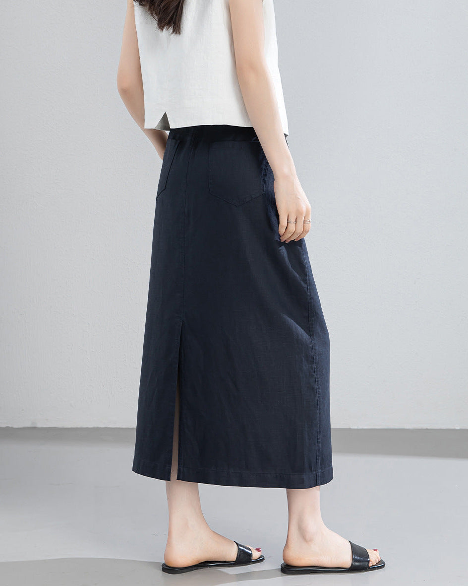 Retro Linen-Blend Straight Skirt