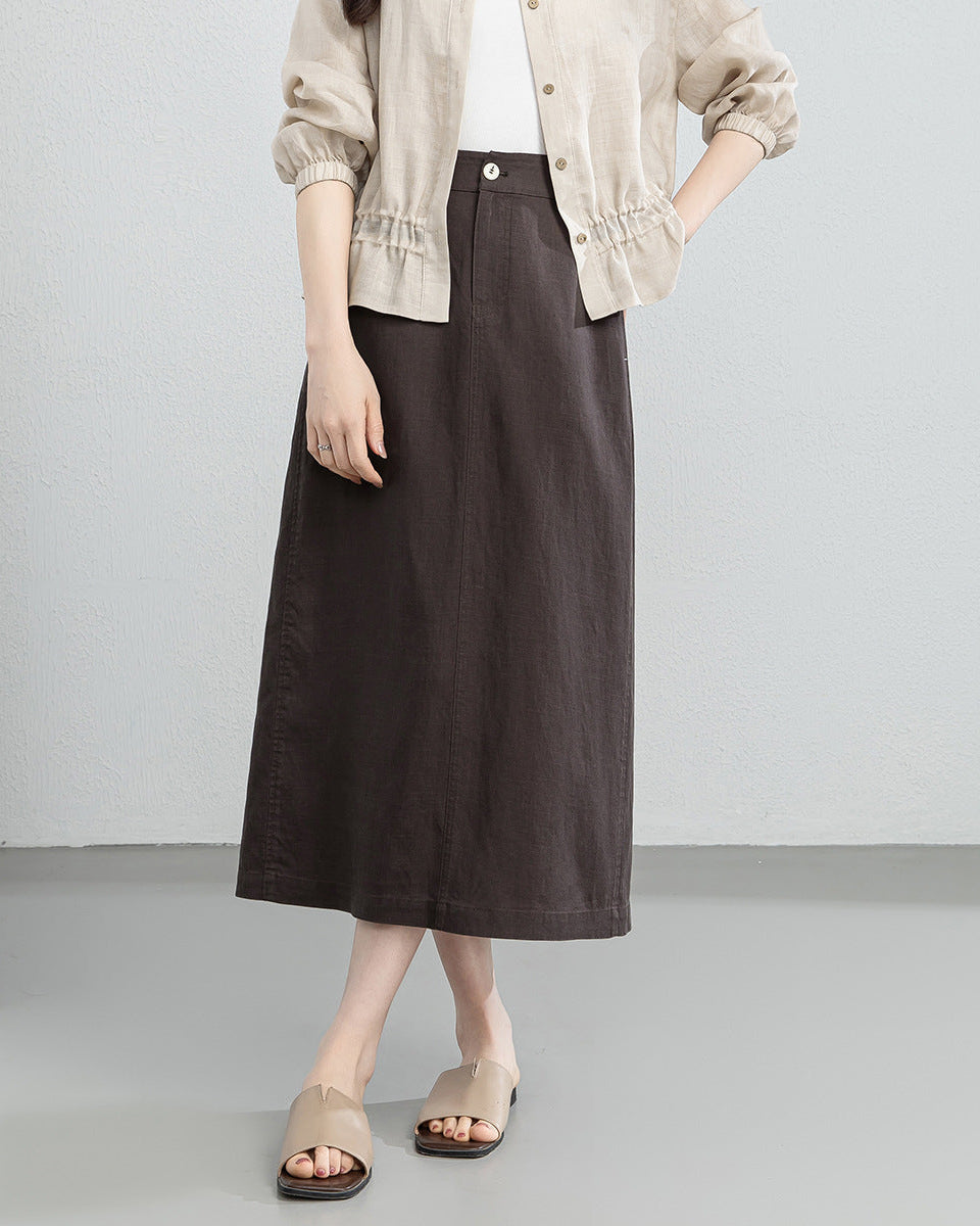 Women's retro linen blend straight skirt featuring a high-waisted design and a solid hue, offering a structured silhouette perfect for vintage-inspired fashion.
