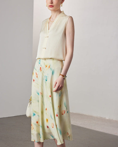 Crepe Print Silk Midi Skirt