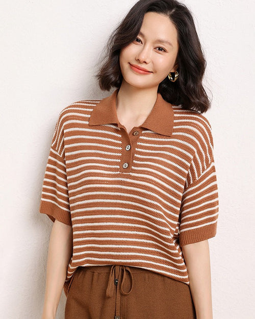 Casual Short-Sleeve Striped Wool Sweater