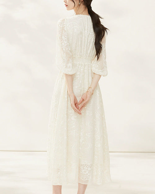 Silk-Embroidered Three-Quarter Sleeve Dress
