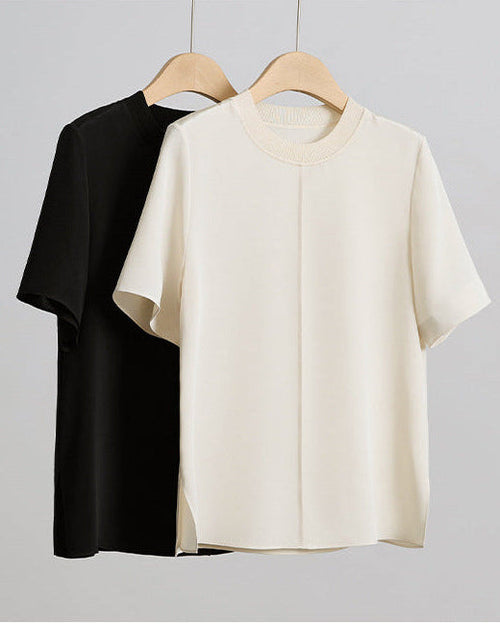 Crew Neck Loose-Fit Pleated T-Shirt