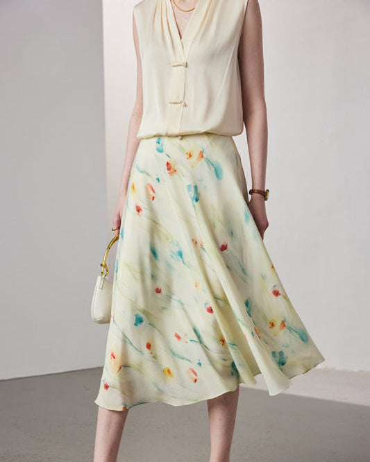 Women's crepe print silk midi skirt featuring a design on luxurious and a flowy silhouette perfect for spring and summer fashion.