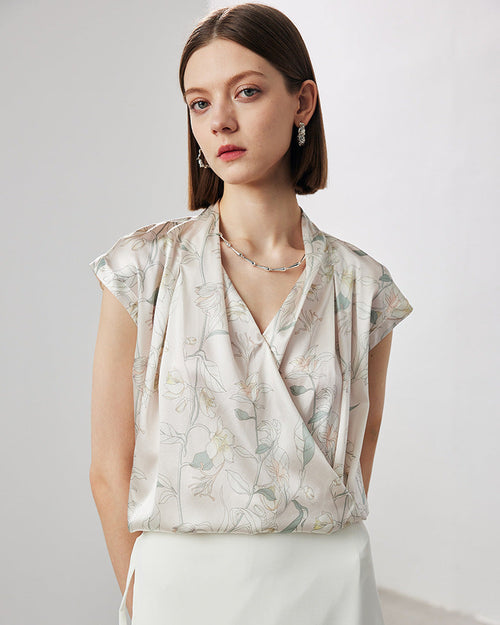 V-Neck Silk Printed Sleeveless Shirt