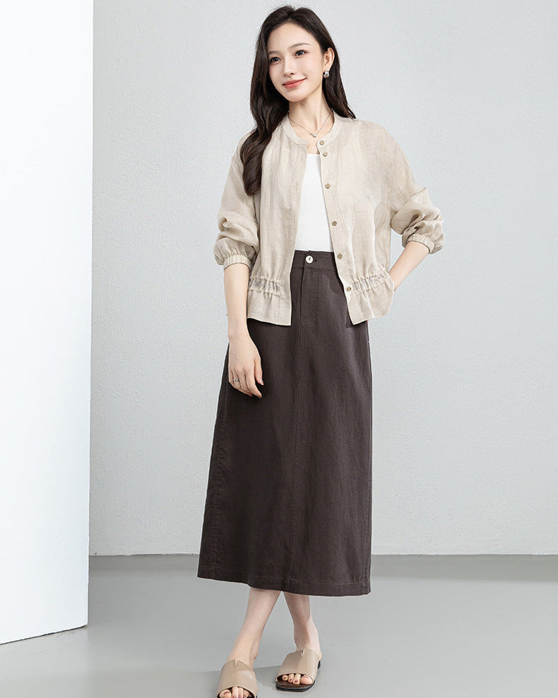 Retro Linen-Blend Straight Skirt