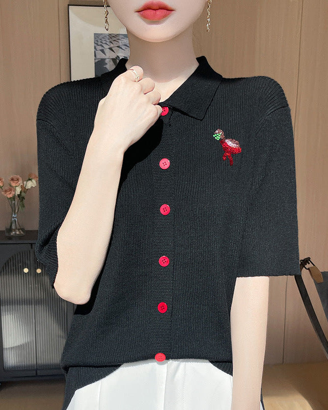 New Wool Polo Collar Short-Sleeved Cardigan