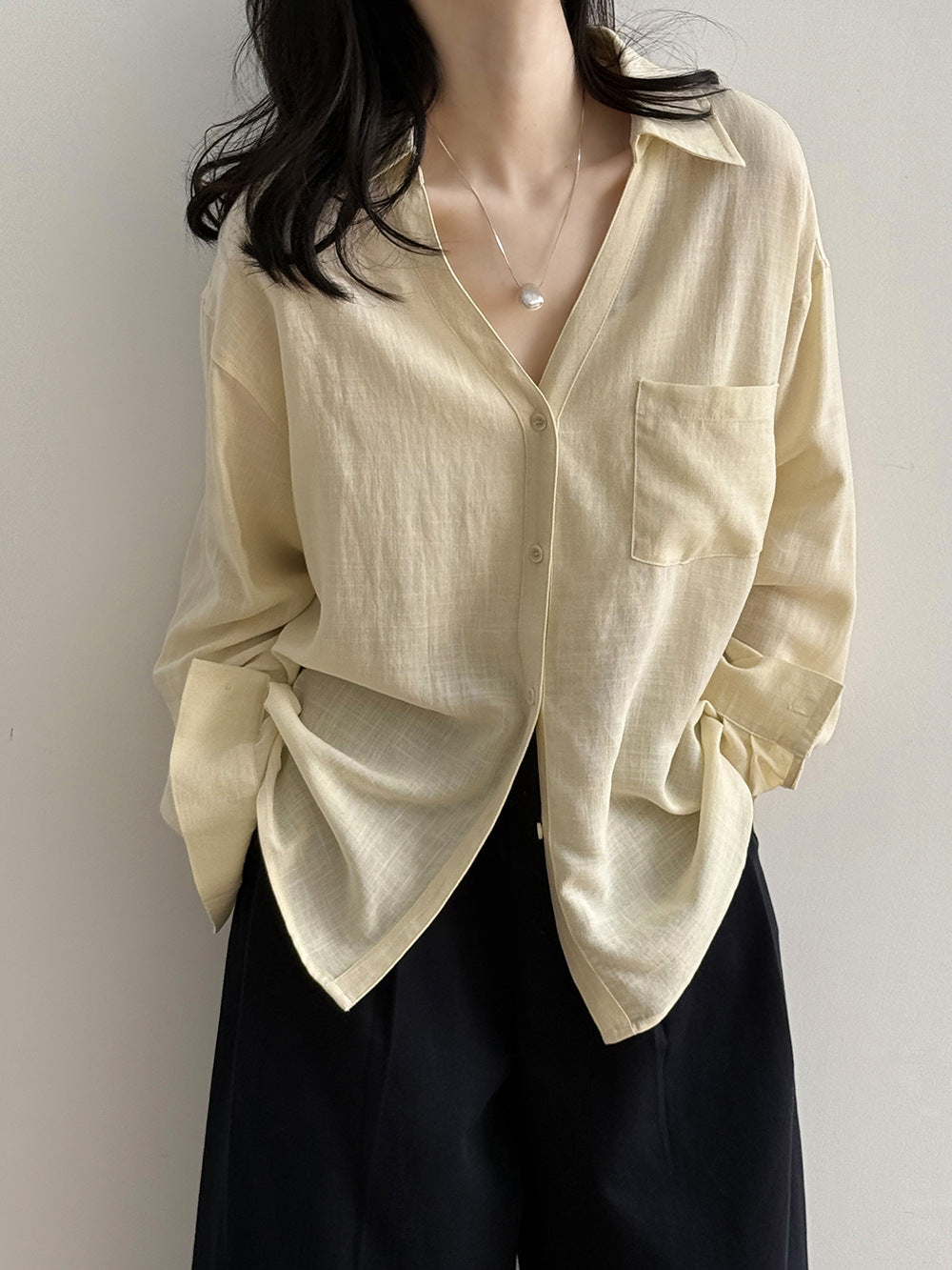 Loose-Fit V-Neck Button-Down Shirt