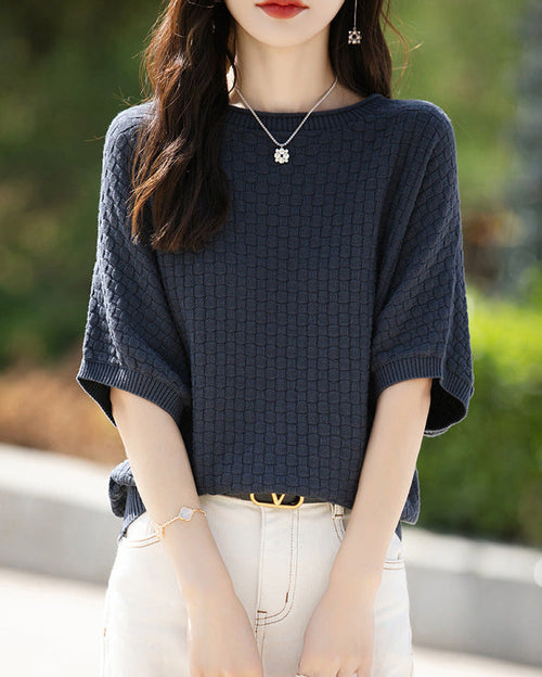 Stylish Plus-Size Mid-Sleeve Knitted Sweater