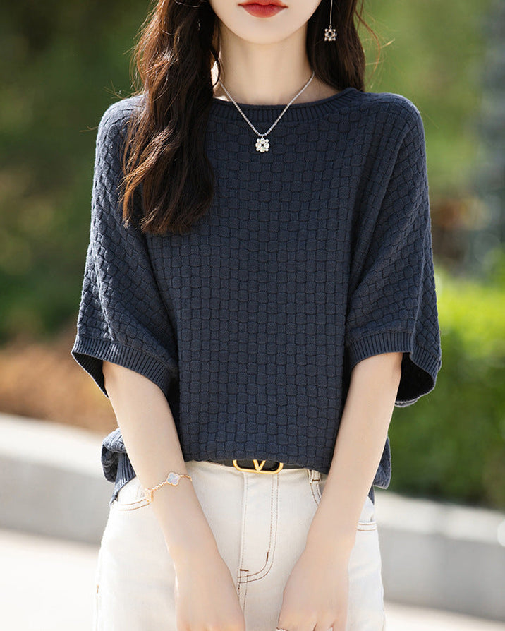 Stylish Plus-Size Mid-Sleeve Knitted Sweater