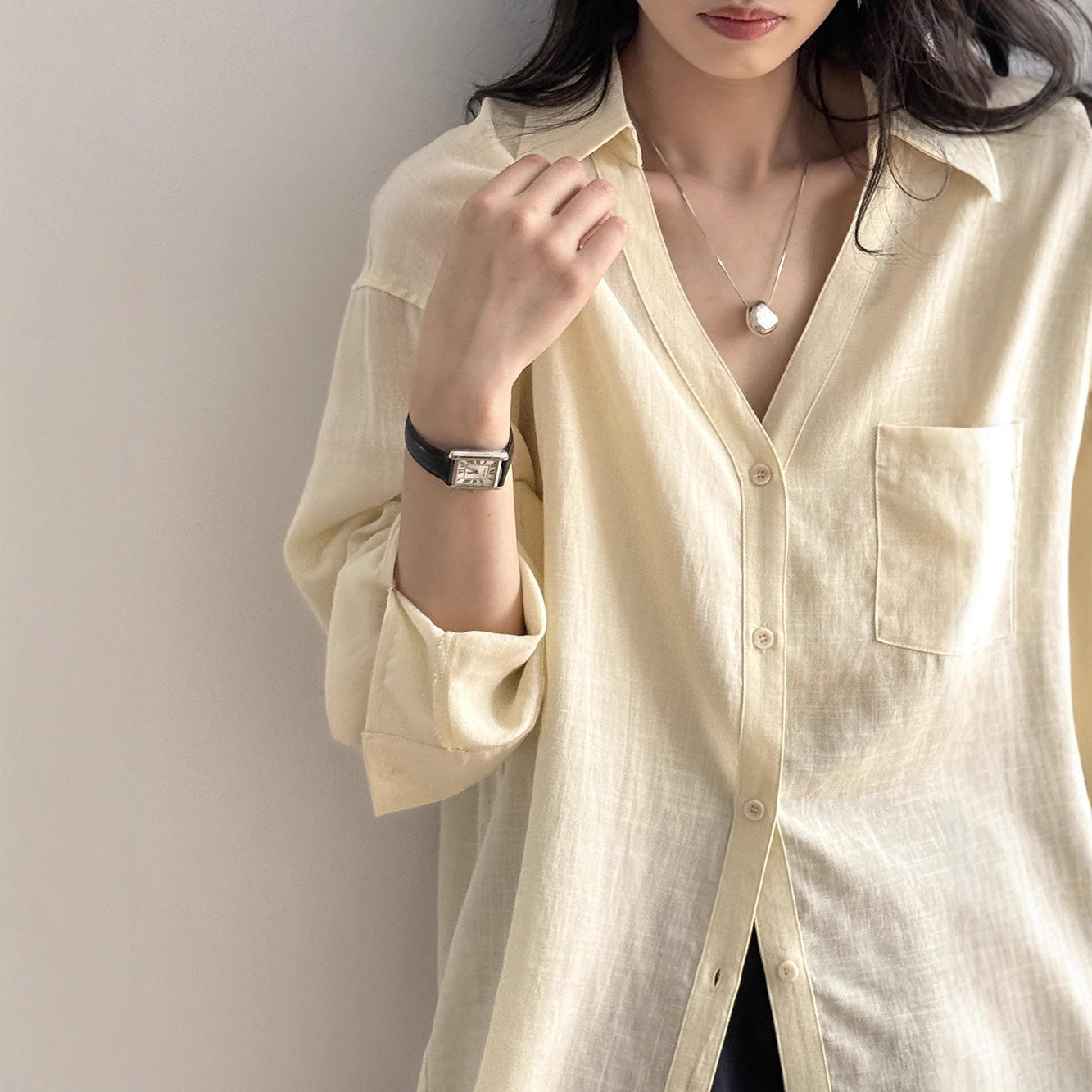 Loose-Fit V-Neck Button-Down Shirt