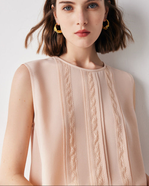 Lace-Paneled Sleeveless Silk Shirt