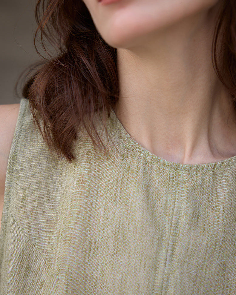 Mid-Length Crew Neck Linen Vest