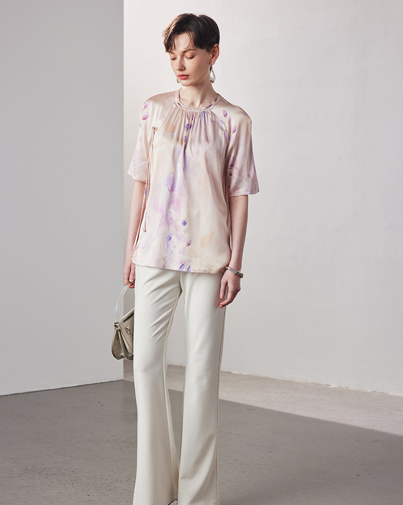 Loose-Fitting Breathable Satin Silk T-Shirt