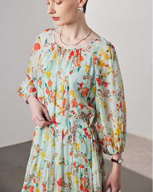 Printed Silk Three-Quarter Sleeve Dress