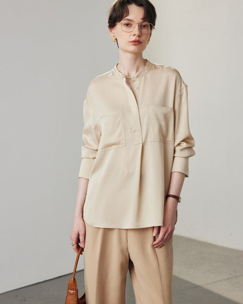 Loose-Fit Long-Sleeve Silk Shirt With Stand Collar
