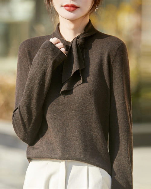 Tie Neck Knit Long Sleeve Top