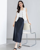 Retro Linen-Blend Straight Skirt