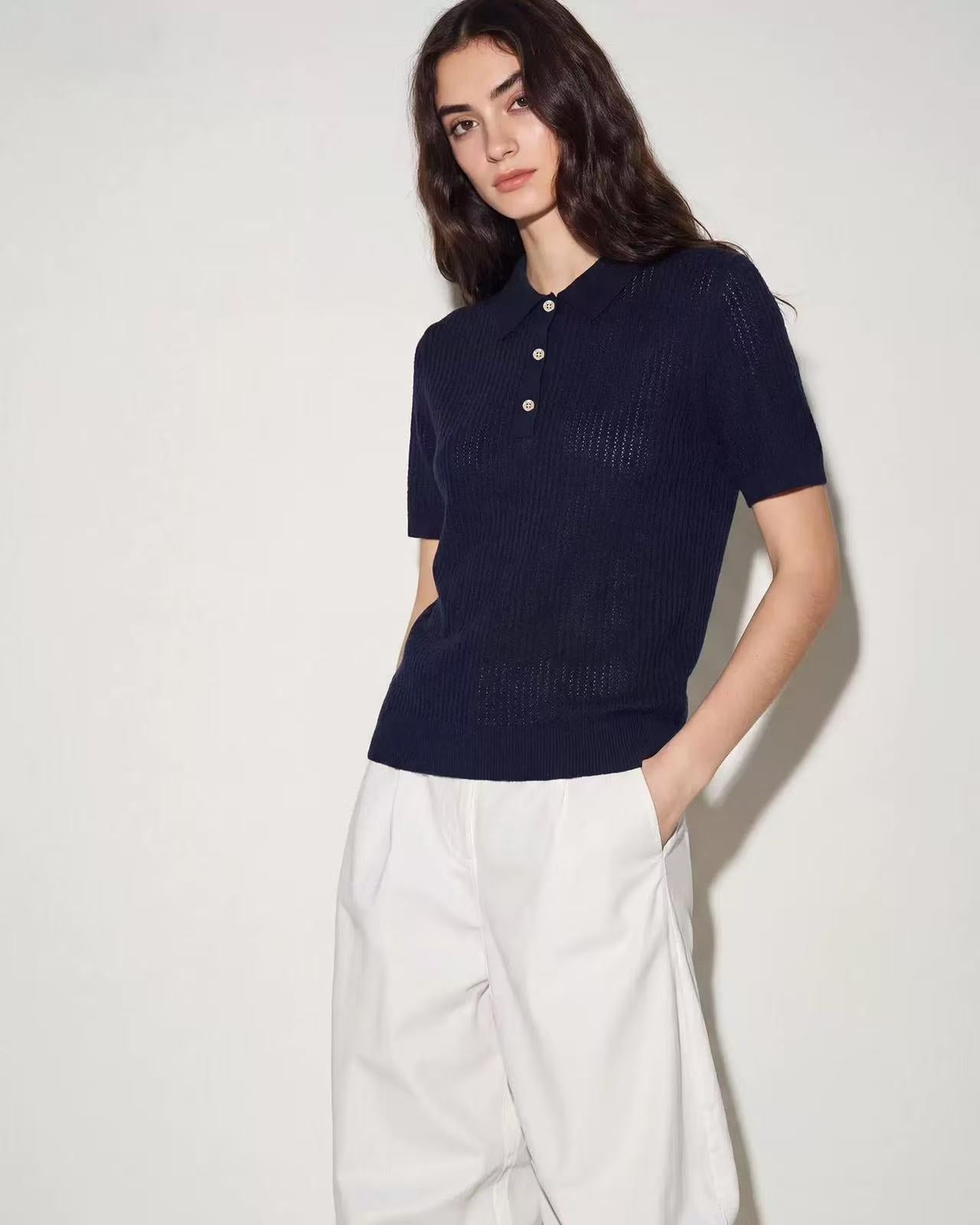 Wool Openwork Polo Collar Short-Sleeved Sweater