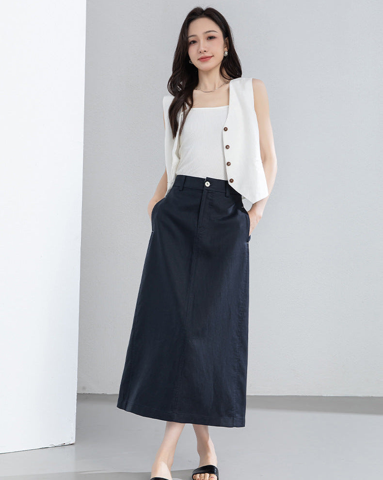 Retro Linen-Blend Straight Skirt