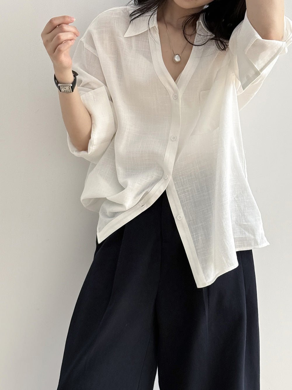 Loose-Fit V-Neck Button-Down Shirt