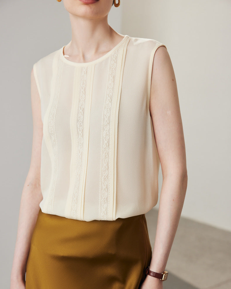 Lace-Paneled Sleeveless Silk Shirt