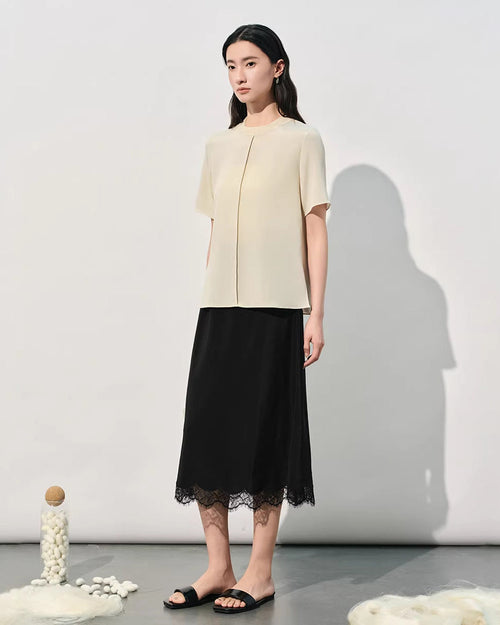 Crew Neck Loose-Fit Pleated T-Shirt