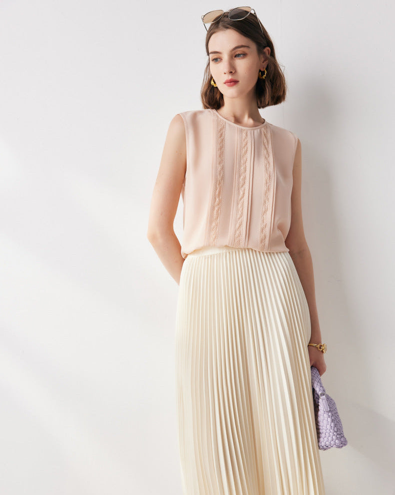 Lace-Paneled Sleeveless Silk Shirt