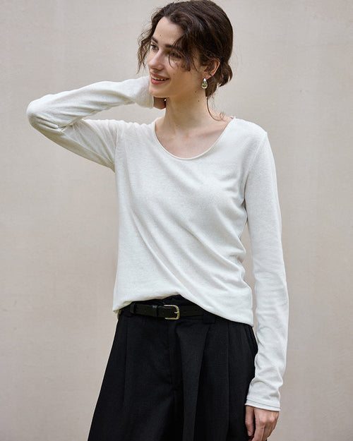U-Neck Rolled-Up Long-Sleeved Knit Top