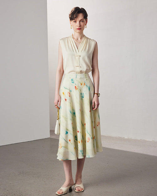 Crepe Print Silk Midi Skirt
