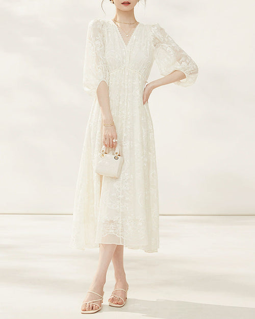 Silk-Embroidered Three-Quarter Sleeve Dress