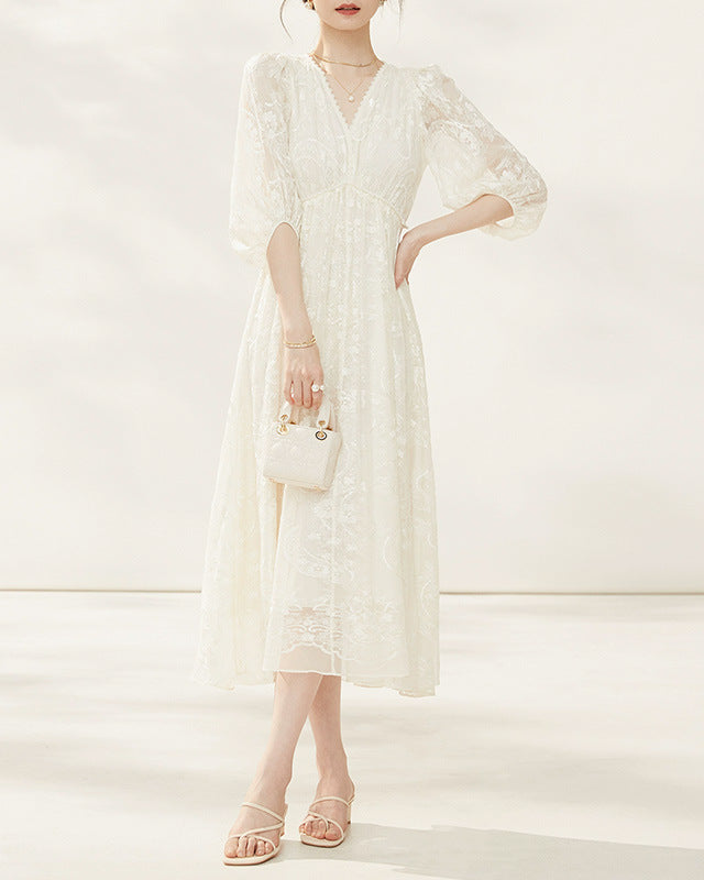 Silk-Embroidered Three-Quarter Sleeve Dress