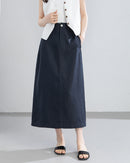 Retro Linen-Blend Straight Skirt