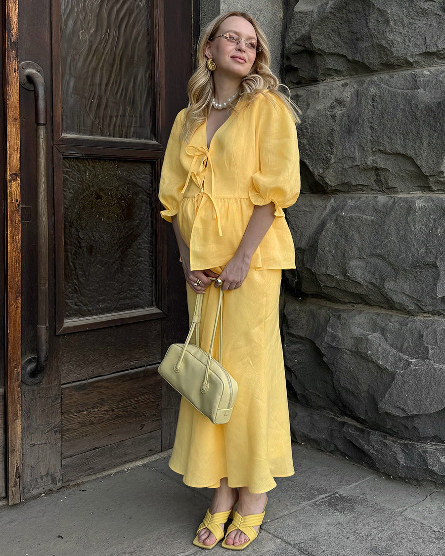 V-Neck Ruffled Short-Sleeved Skirt Set