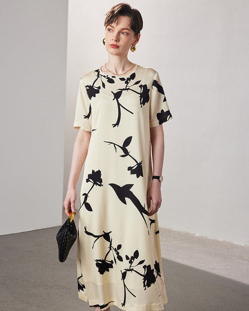 Loose-Fit Straight-Cut Short-Sleeve Silk Dress