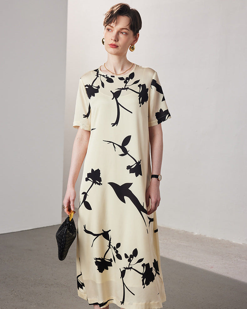 Loose-Fit Straight-Cut Short-Sleeve Silk Dress
