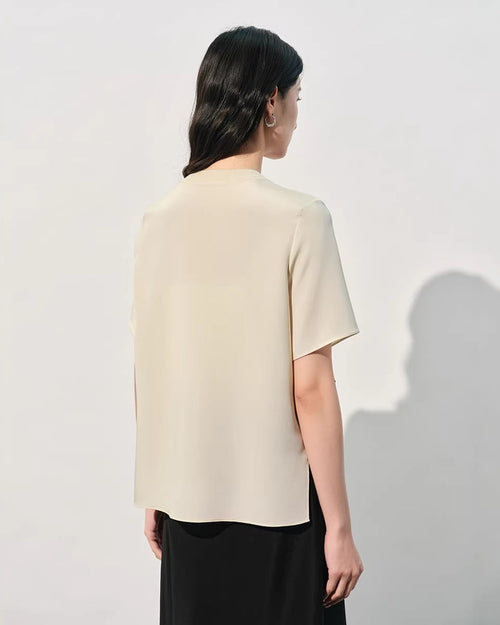 Crew Neck Loose-Fit Pleated T-Shirt