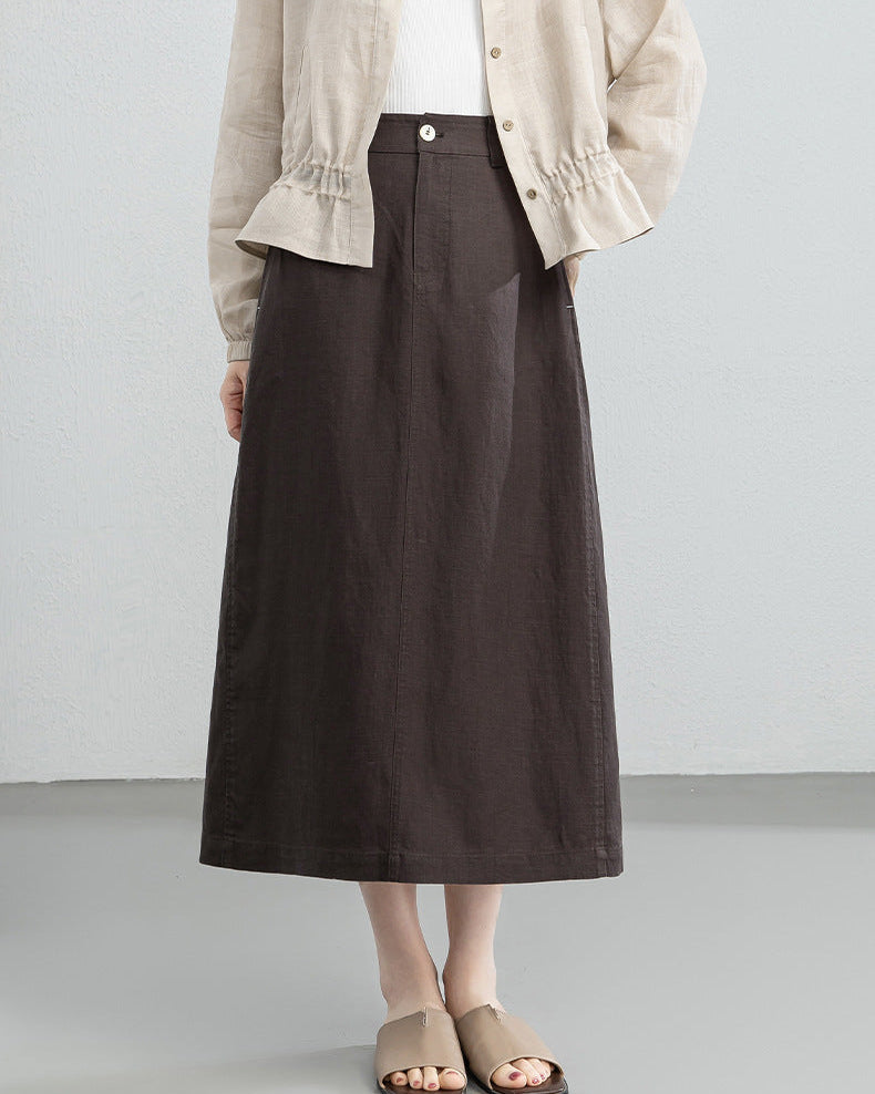 Retro Linen-Blend Straight Skirt